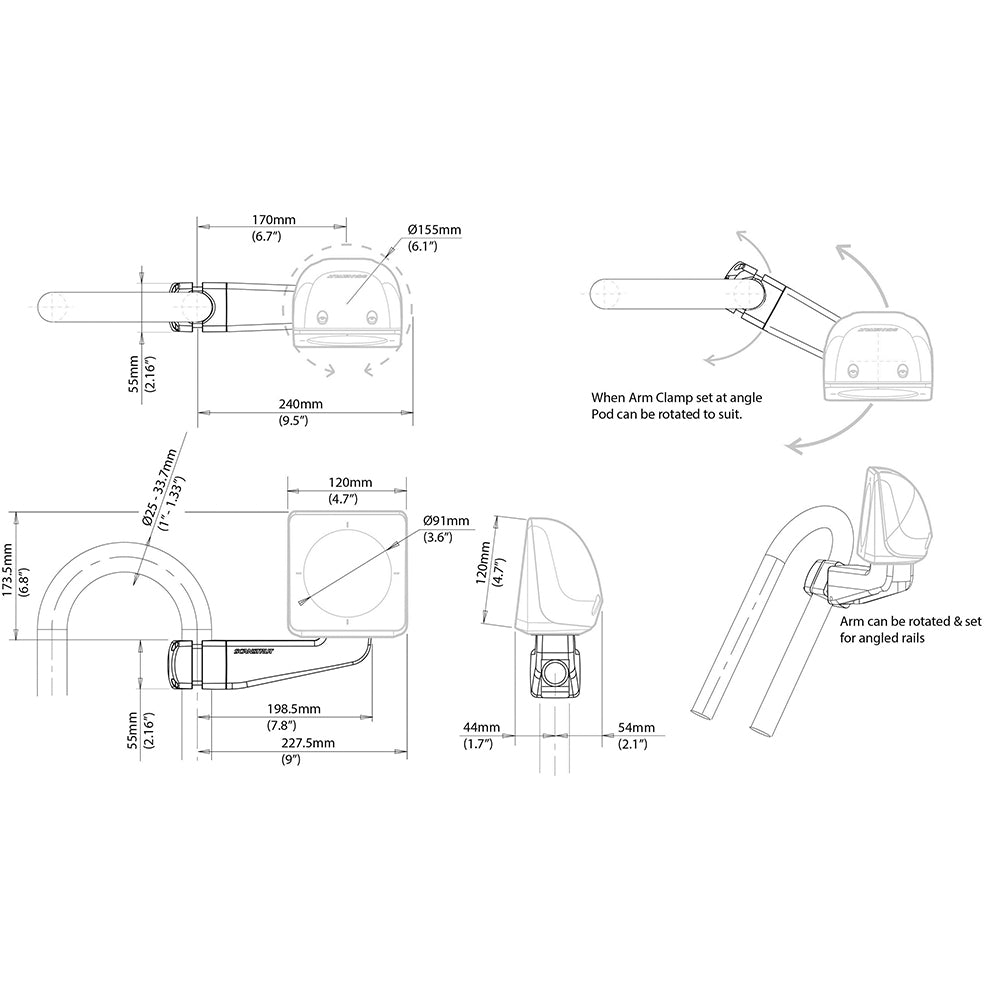 Scanstrut Scanpod Single Instrument Pod Precut Arm Mounted  Fits 1  13 Rails SPR1IAM