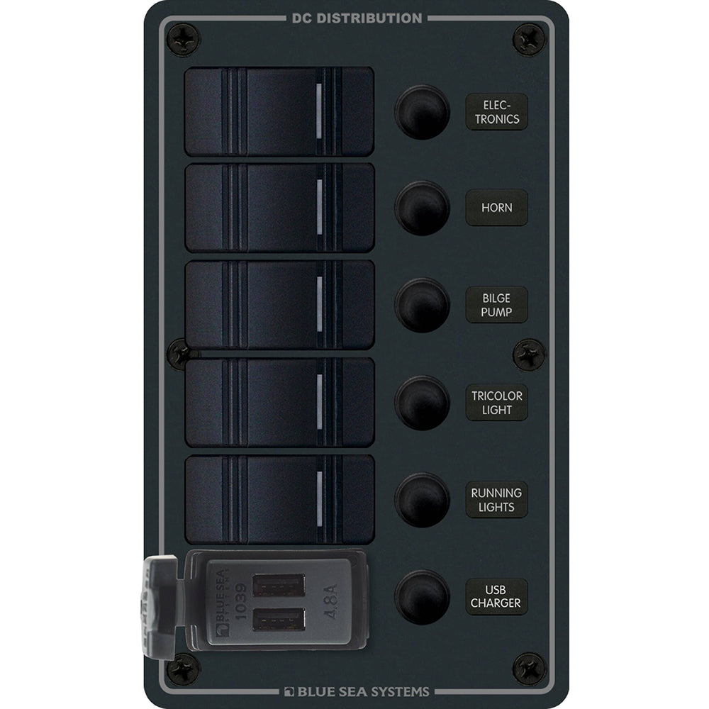 Blue Sea 8521  5 Position Contura Switch Panel wDual USB Chargers  1224V DC  Black 8521